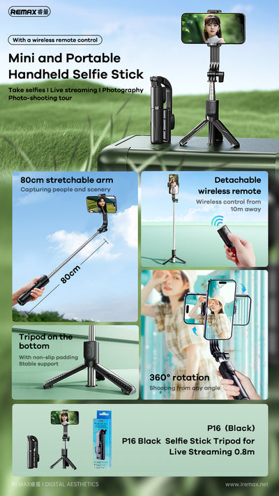 Selfie Stick Tripod for Live Streaming 0.8m P16 - Black