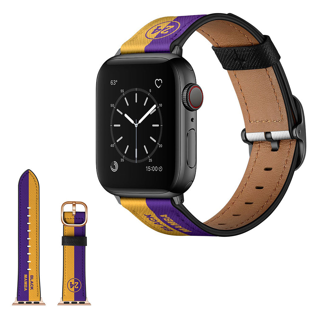 Apple Watch Series 6 / 5 44mm stylish leather watch band - Yellow + Purple Stripes