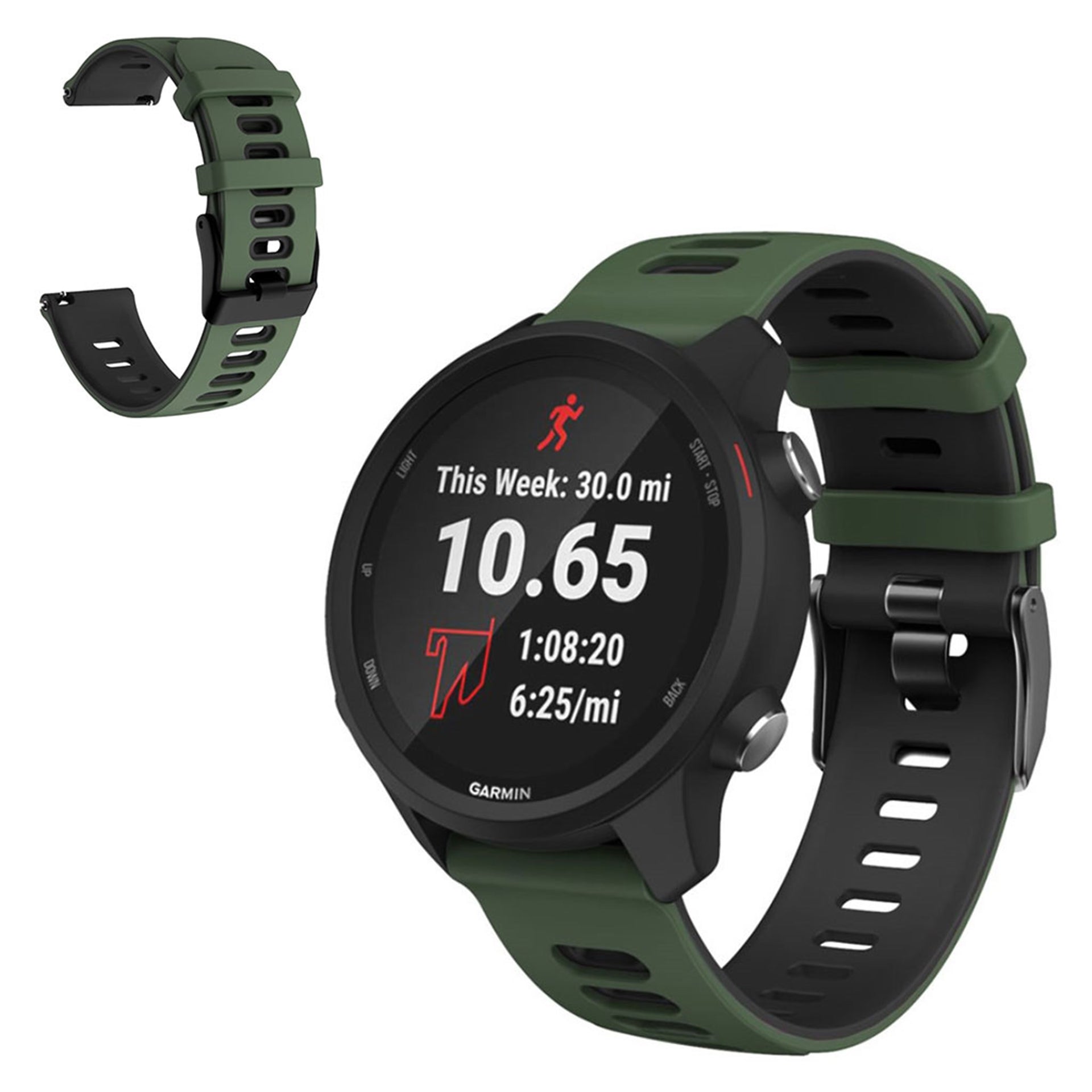 20mm Universal dual sporty silicone watch strap Army Green Black